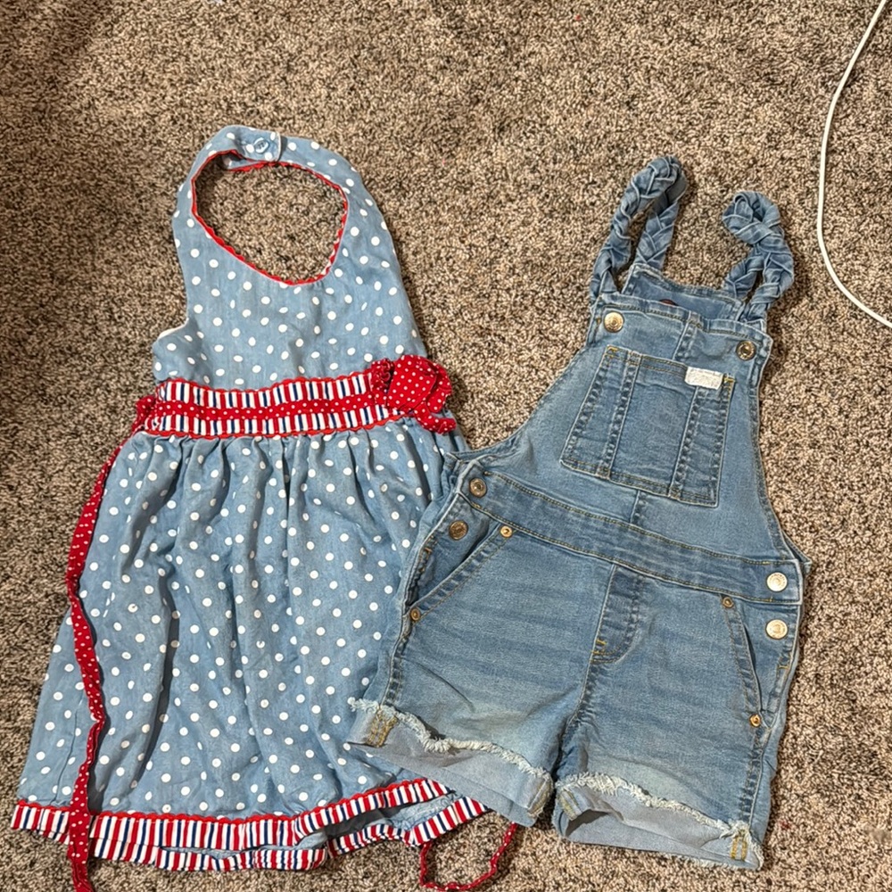 2/$10 Girls sz 4 Blue Polka Dot Dress and Denim Overalls for Kids